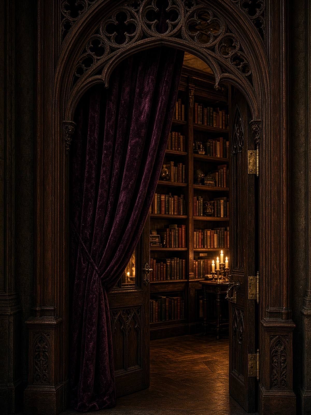A dark carved doorway with a plum velvet curtain, opening onto candlelit shelves.
