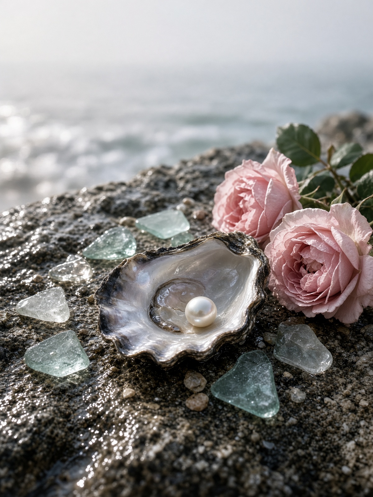 An oyster shell, a pearl, and pink roses in morning light.
